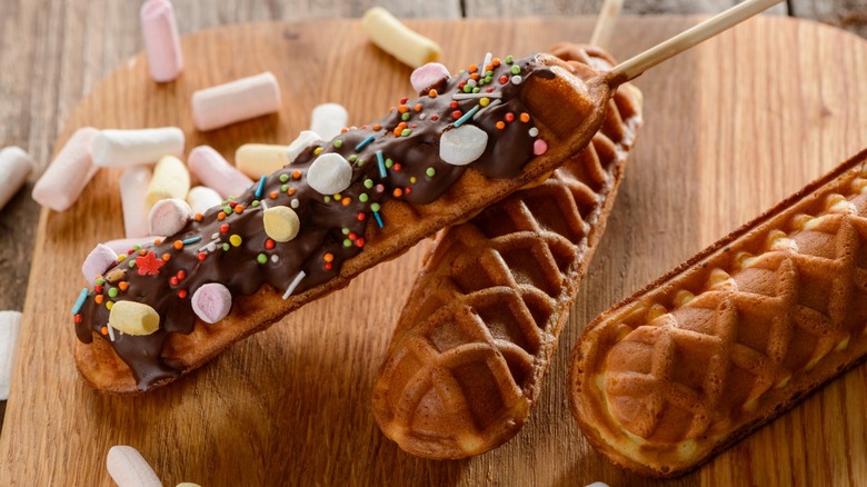 Waffles on a stick with chocolate sauce