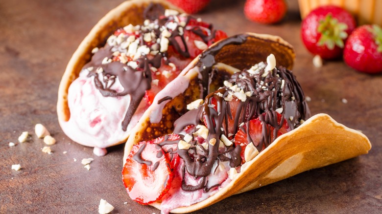 chocolate and strawberry waffle taco