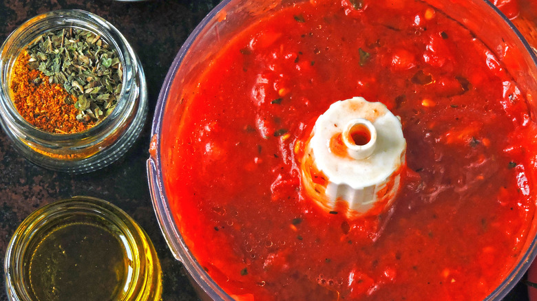 Blended tomatoes in food processor