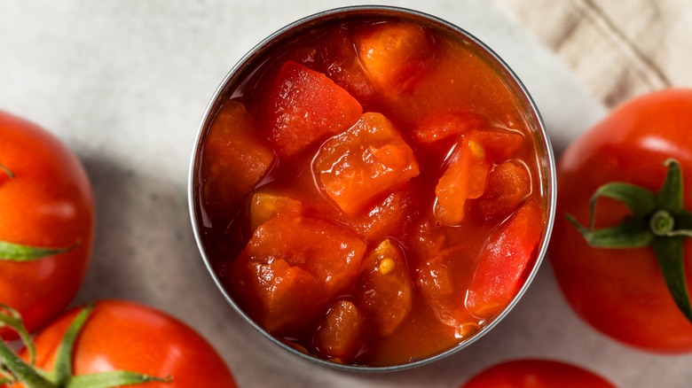 Fresh tomatoes surrounding an opened can of tomatoes