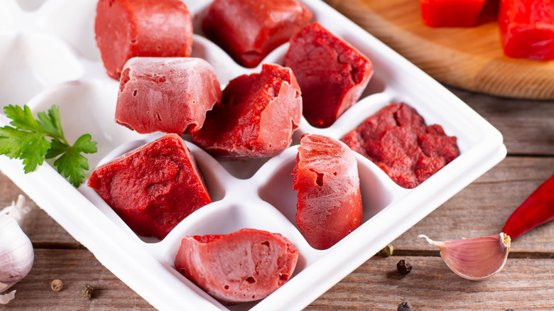 Tomato ice cubes in tray