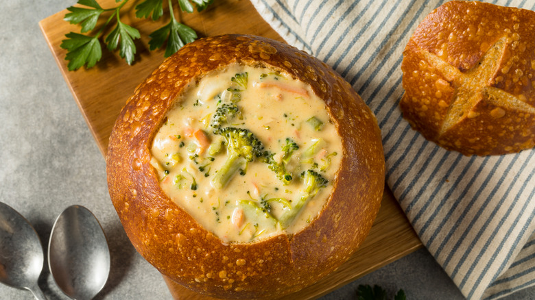 cheesy soup in bread bowl