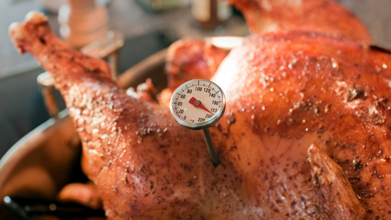 Thermometer stuck in the side of a roasted turkey