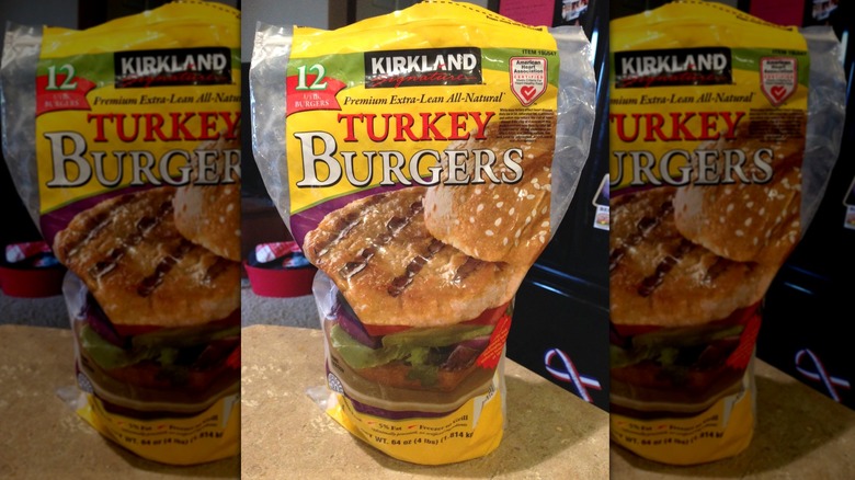 Kirkland Signature turkey burgers on countertop