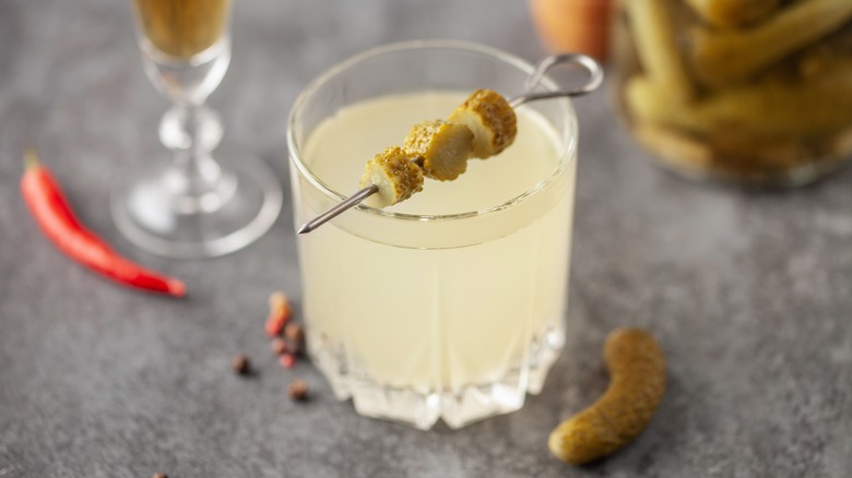 pickle martini in rocks glass