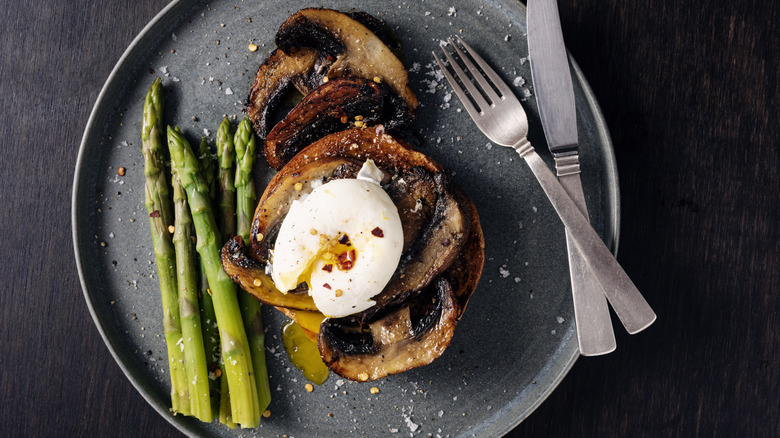 Fried portobellos with poached egg