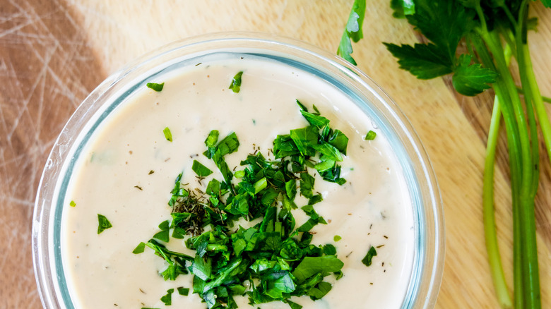 ranch dressing in bowl with parsley
