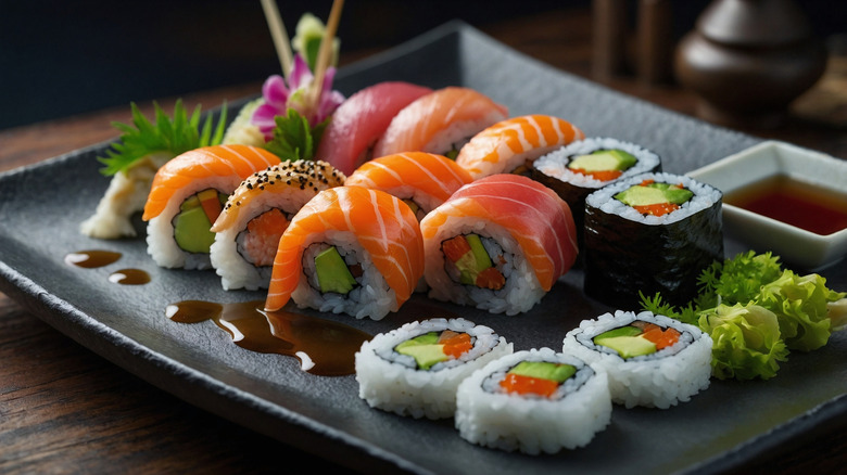 Sushi platter with an assortment of rolls