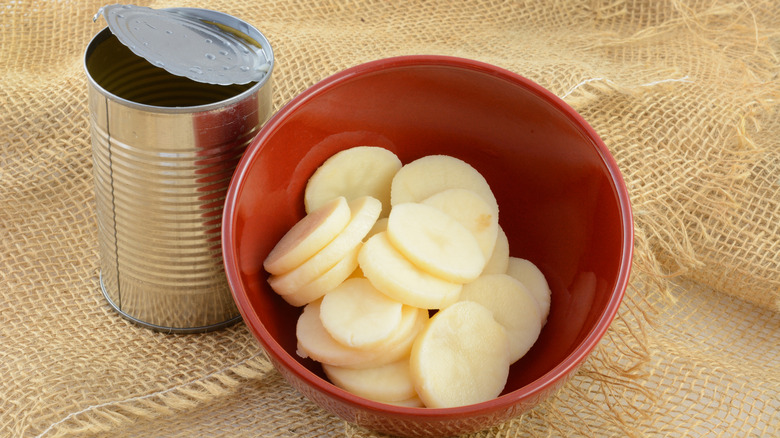 Bowl of canned potato slices