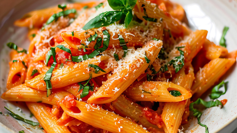 Plate of penne a la vodka with fresh basil