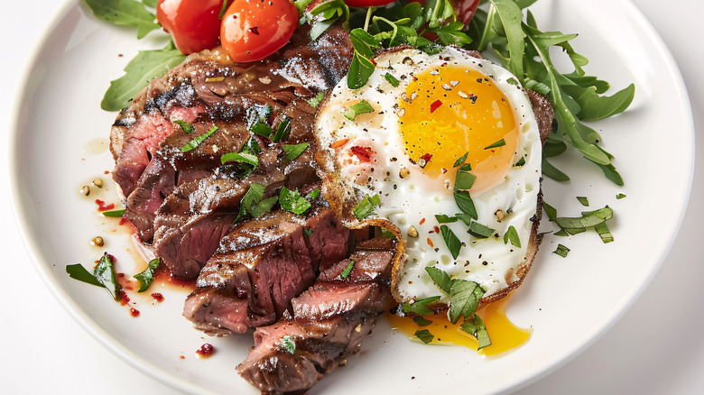 Plate with sliced steak, fried egg, and greens