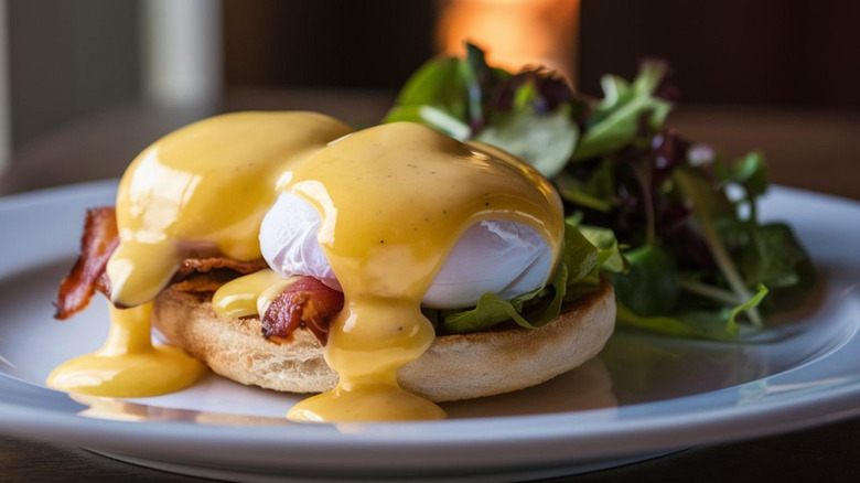 Plate of eggs Benedicts with greens