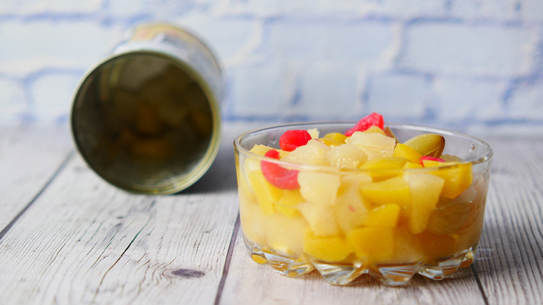 canned fruit cocktail in bowl