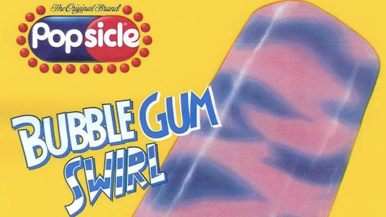 advertisement for bubble gum swirl ice pop on yellow background