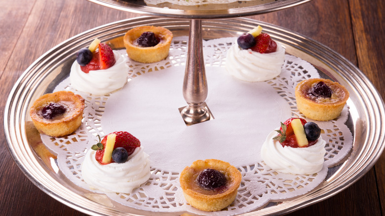 desserts on bottom level of tea stand