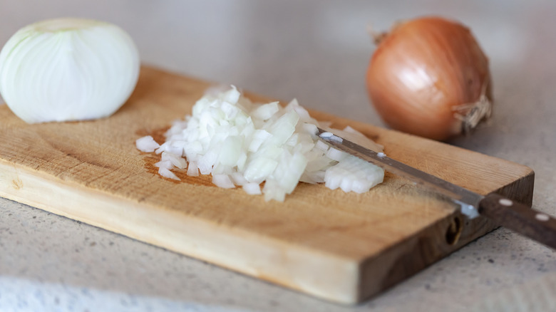 diced onion on cutting board