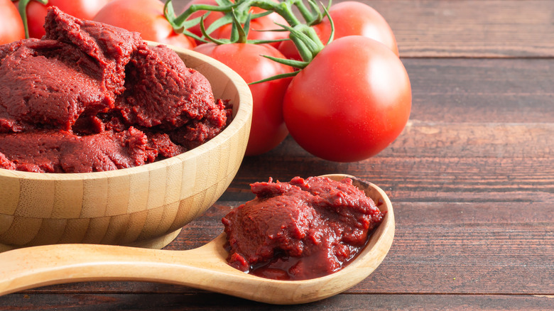 bowl and spoon of tomato paste