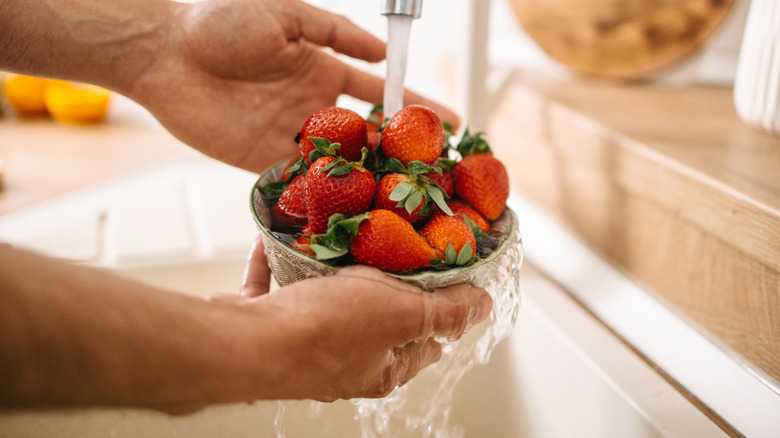 washing strawberries with water