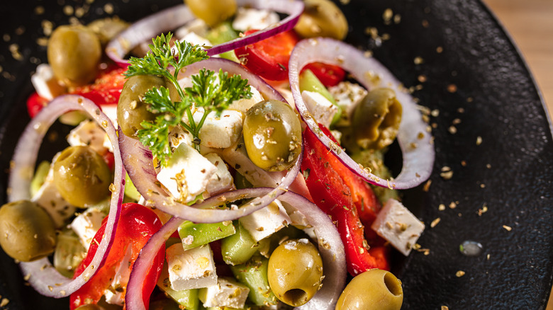 feta, olives, and red peppers