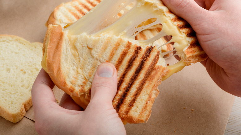 Hands tearing grilled cheese sandwich
