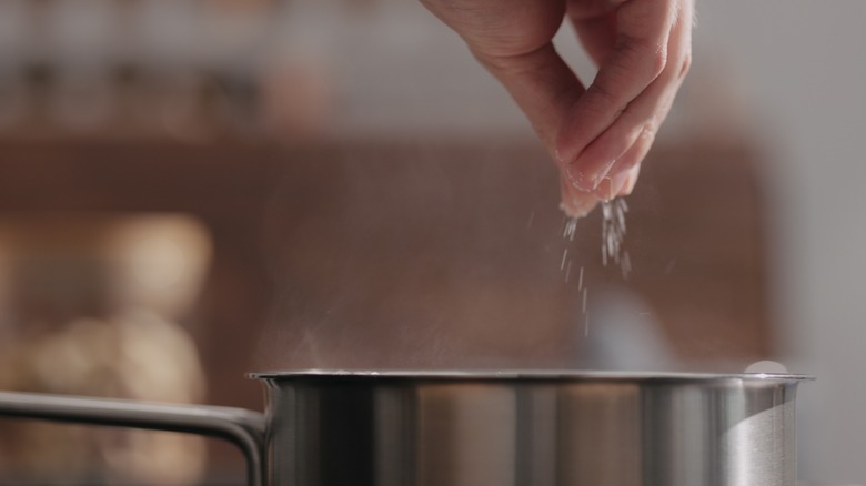 hand adding salt to pot