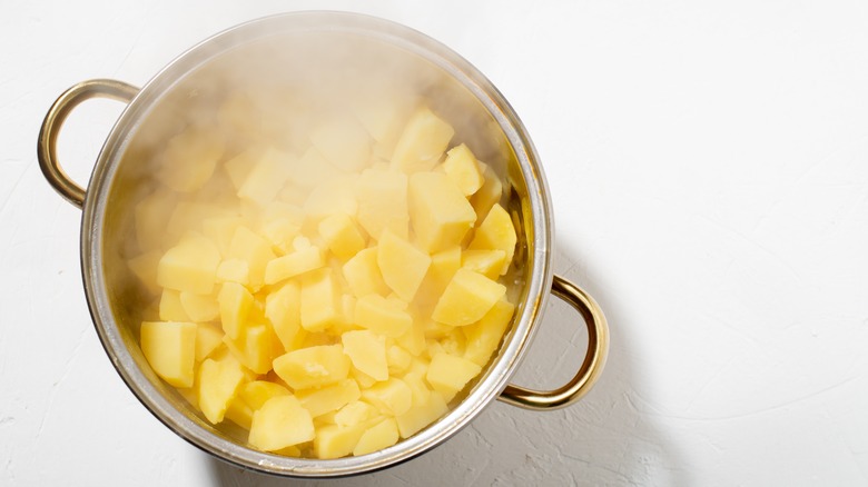 steaming boiled potatoes in pot
