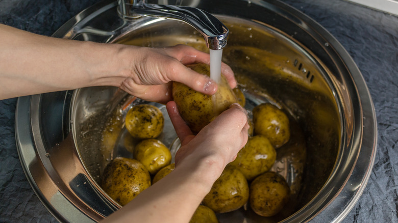 hands washing potatoes in sink