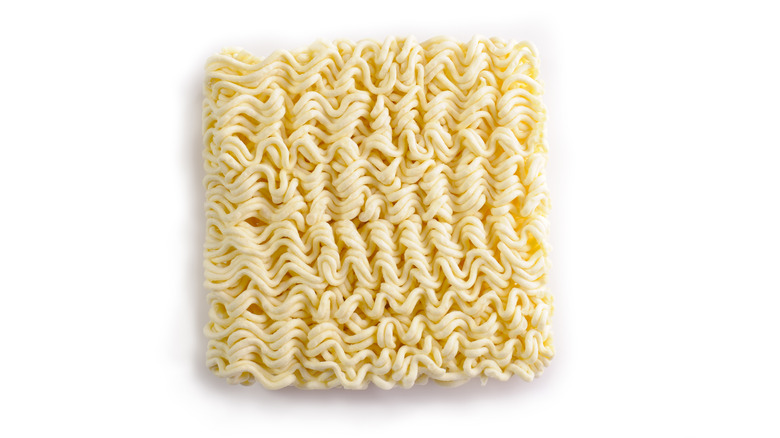 Block of dry instant ramen noodles