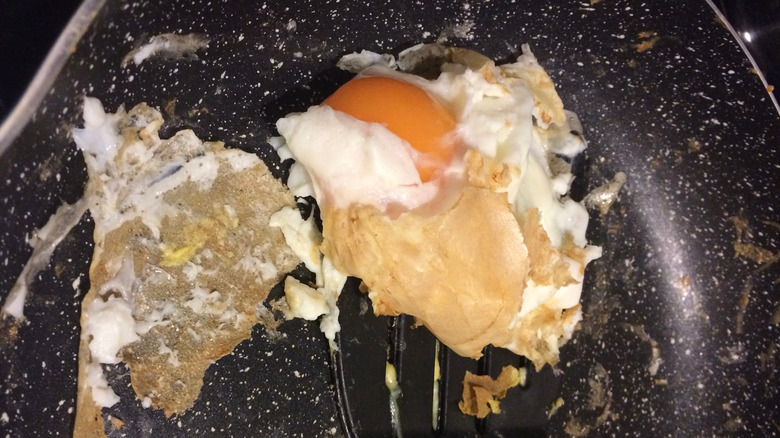 broken eggs in a pan