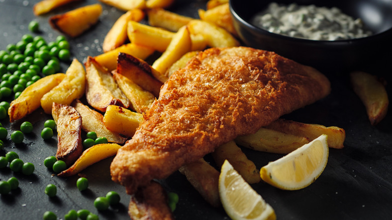 close-up of battered fish and chips