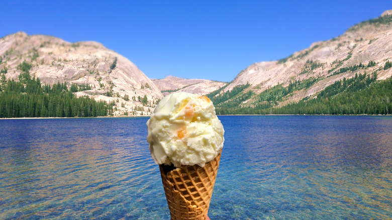 hokey pokey ice cream cone in front of lake landscape