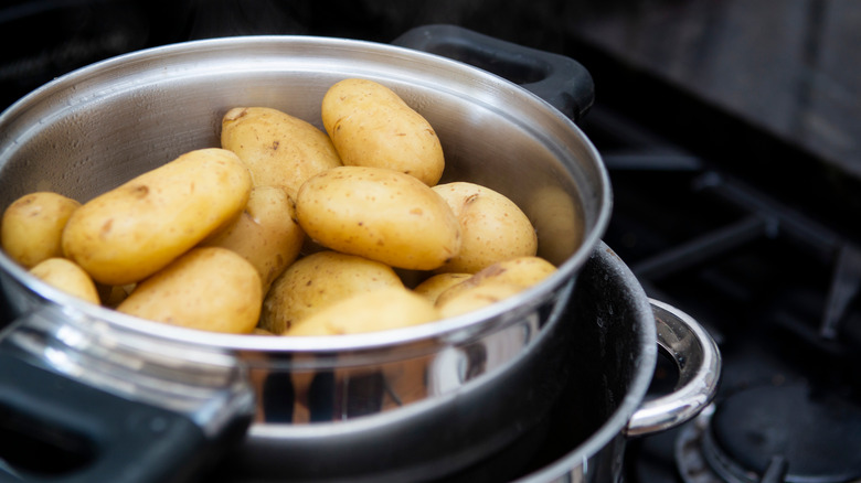 Jersey Royal potatoes in pan