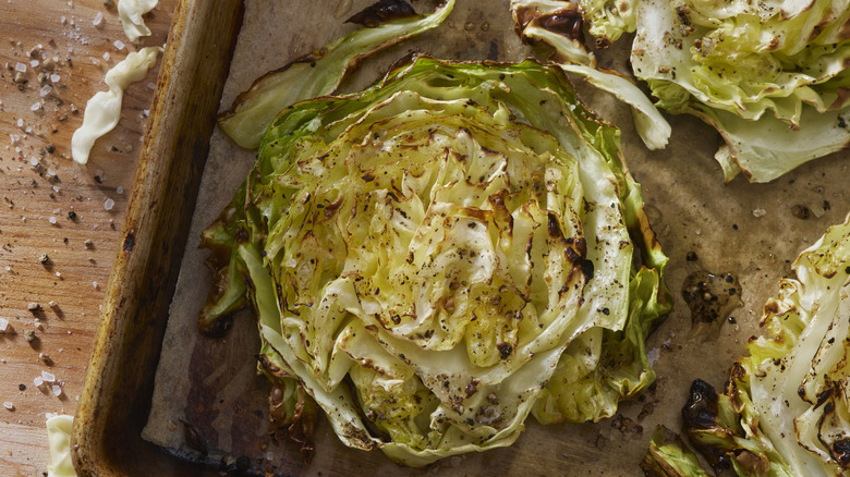 grilled cabbage in a roasting pan