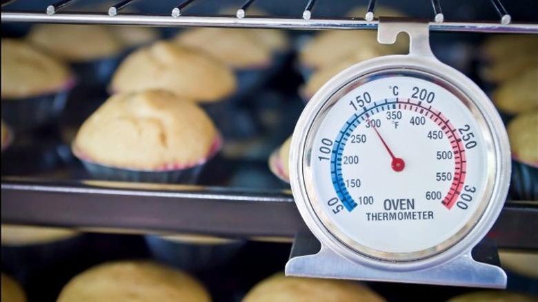 muffins in oven with thermometer