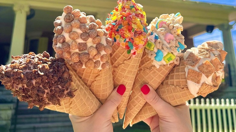 Ice cream cones topped with cereal