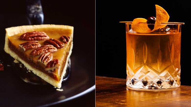 slice of pecan pie and Old Fashioned cocktail