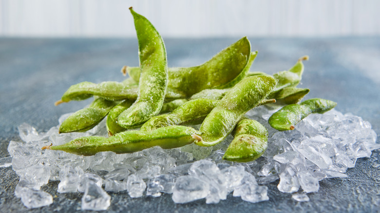 Frozen edamame soybean pods on crushed ice