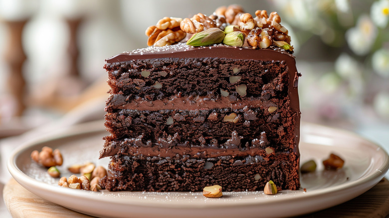 Slice of moist chocolate walnut cake