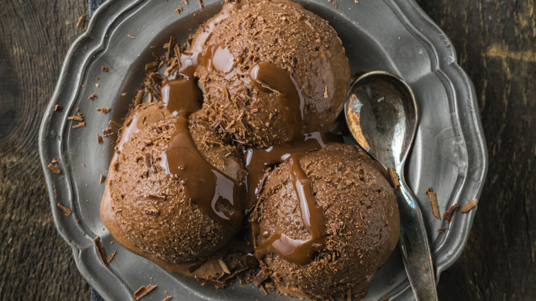 A bowl of chocolate ice cream with a spoon.