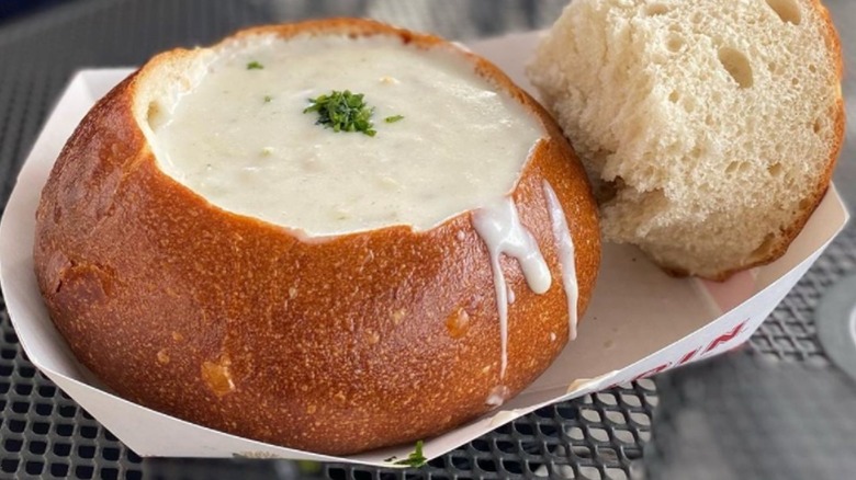 Chowder soup in bread bowl