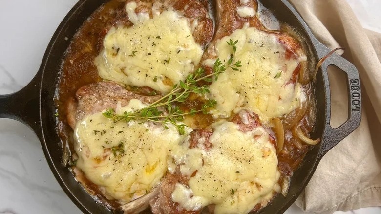 French onion pork chops in skillet