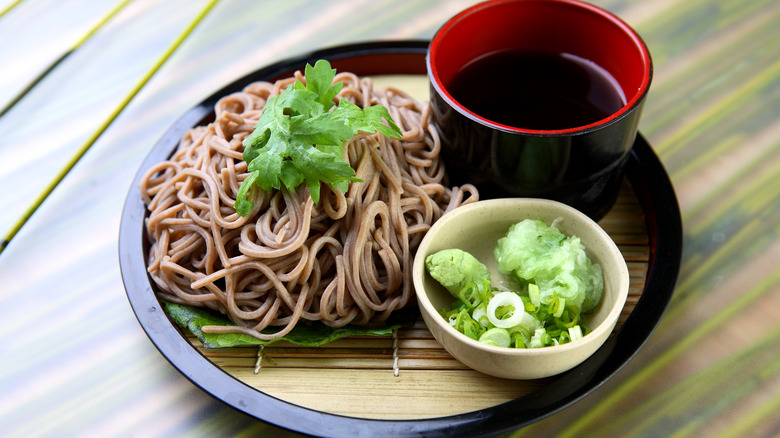 Buckwheat noodles in a bowl