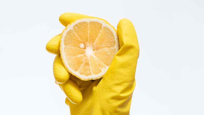 hand in rubber glove holding lemon