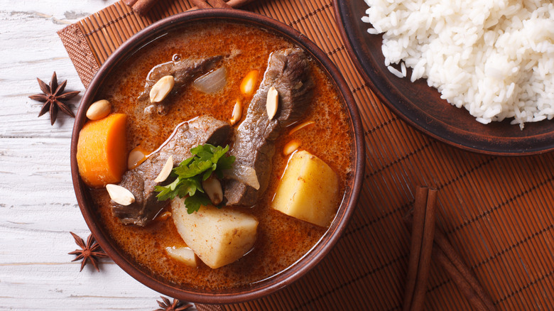 top-down view of beef massaman curry