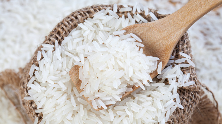 wooden spoon in bowl of rice