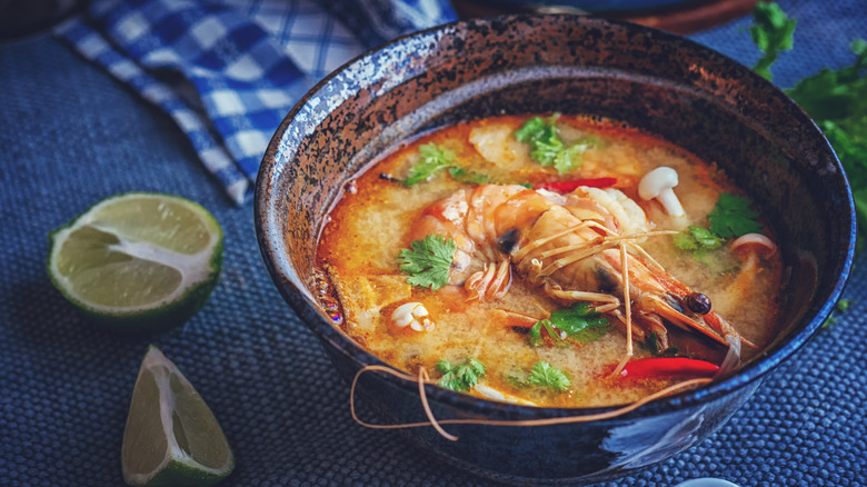 close-up of tom yum prawn soup