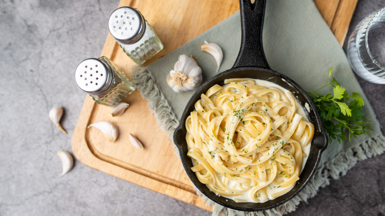 pasta with cheese sauce in skillet