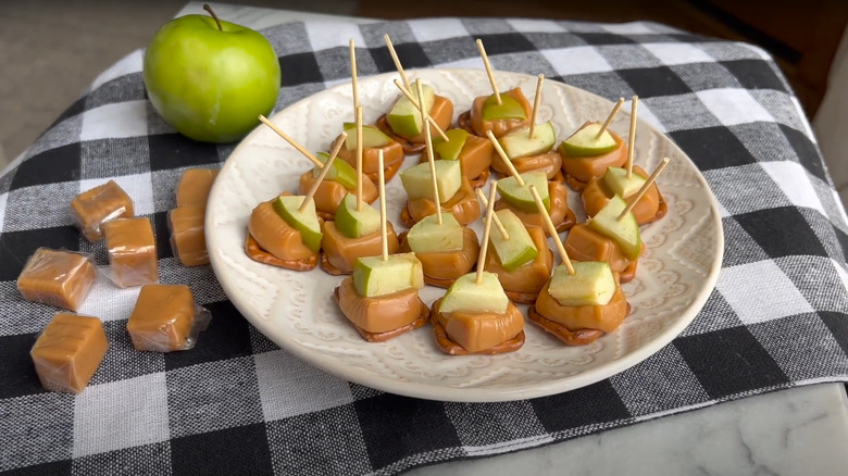 Caramel apple pretzel bites on plate