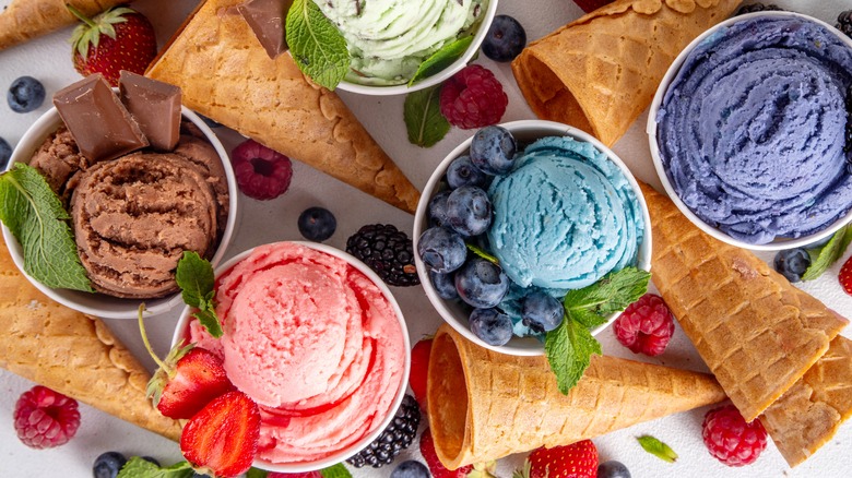 Variety of ice creams in cones