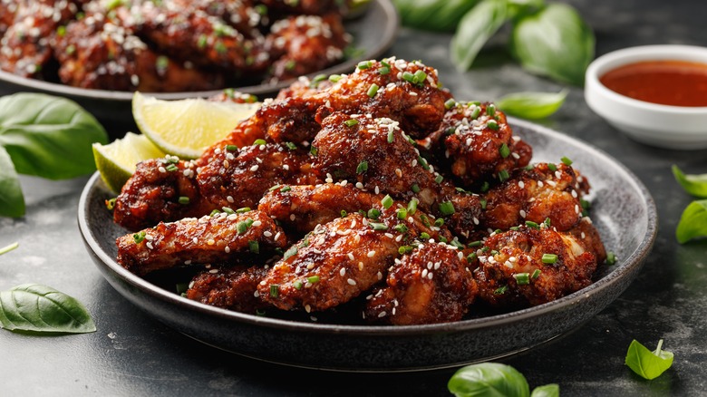 A plate of Korean BBQ style chicken wings sits on a stone plate, topped with sesame seeds and chives